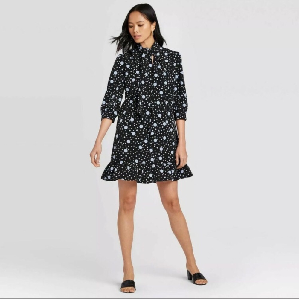 Polka Dot Retro Dress, Black with light blue polka dots, Small